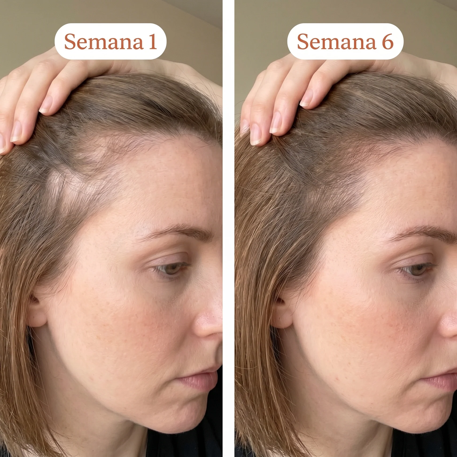 Antes y después — Sérum Coreano para el Crecimiento del Cabello. Izquierda: semana 0. Derecha: semana 8.